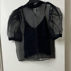H&M Black Sheer Blouse with Puff Sleeves